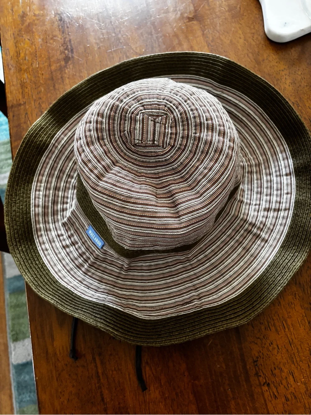 Wallaroo Ginger adjustable Olive & Brown Striped Sun Hat worn once